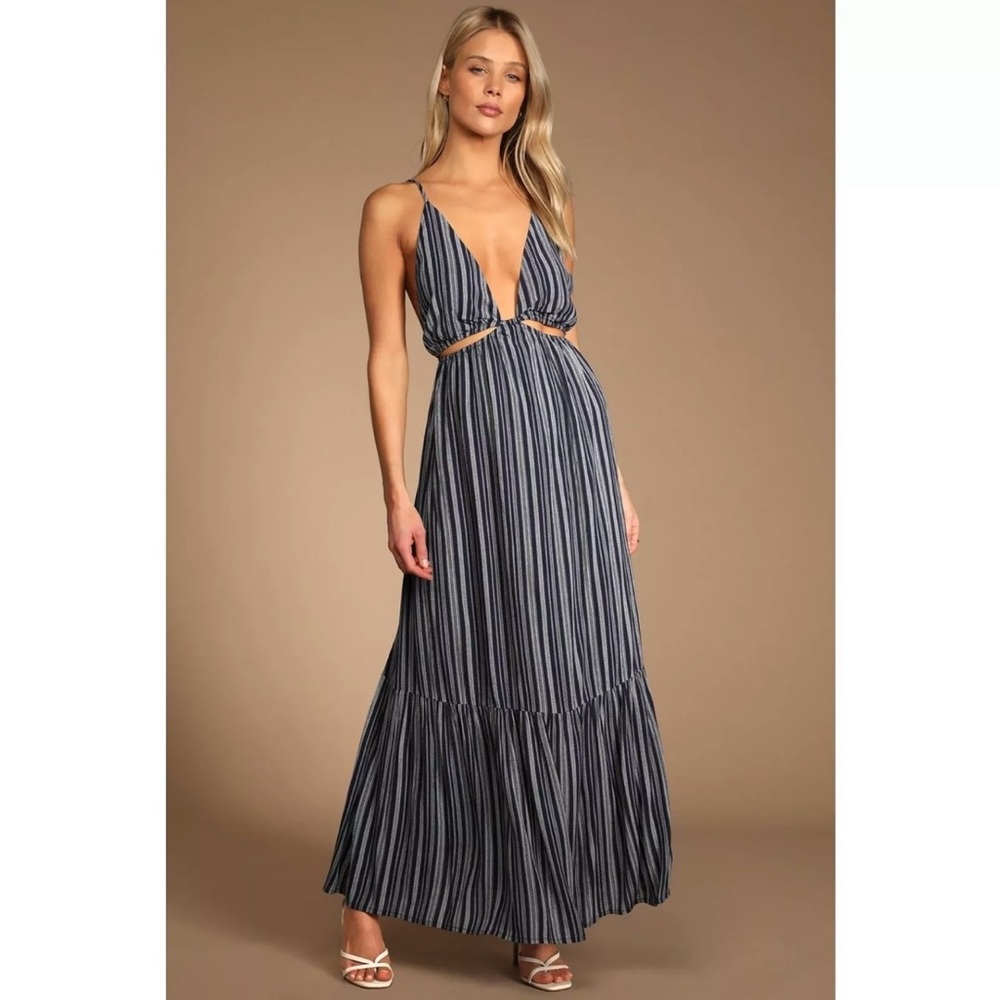 Lulu’s Navy Blue Striped Cutout Maxi Dress XL NWT